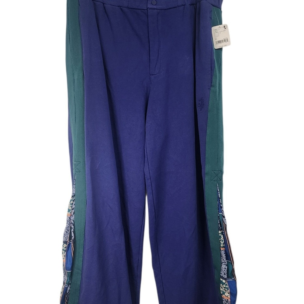 Nwt. Free People Wide Leg Track Pants Blue Green Floral Side Stripe Size M